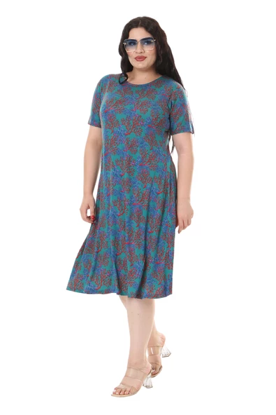 Melsay Butik Mavi Kırmızı Mercan Desen Kısa Kollu Midi Elbise - Resim 2