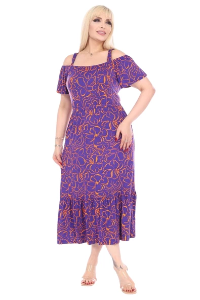 Melsay Mor Çiçek Desen Madonna Yaka Askılı Midi Elbise - Resim 3