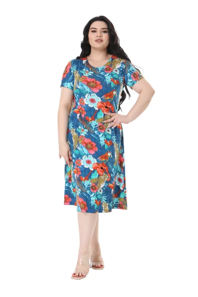 Melsay Butik Mavi Afrika Desen Kısa Kollu Midi Elbise - Resim 2