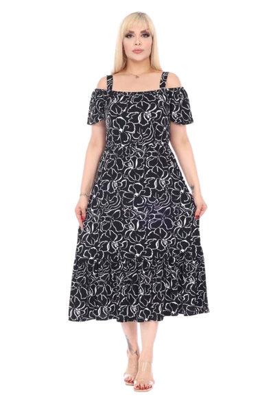 Melsay Siyah Çiçek Desen Madonna Yaka Askılı Midi Elbise - Resim 2