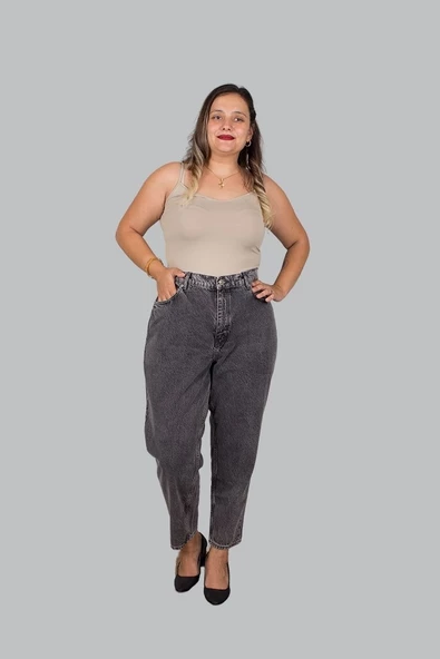 Büyük Beden Kadın Giyim Mom Jeans Gri - 6