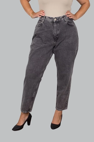 Büyük Beden Kadın Giyim Mom Jeans Gri - 4