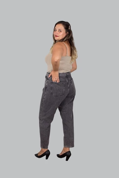Büyük Beden Kadın Giyim Mom Jeans Gri - 2