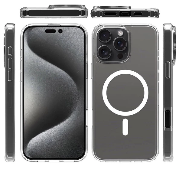 Apple iPhone 16 Pro Max Kılıf Magsafe Şarj Özellikli Şeffaf Sert PC Redclick Embos Kapak - Resim 6