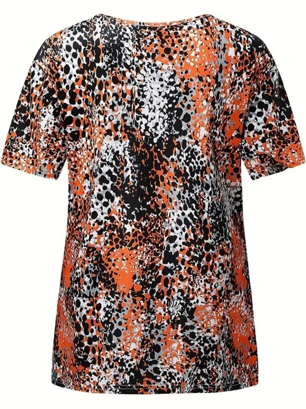 Kadın V Yaka Renkli Leopar Desen Büzgü Detay Süprem Bluz - 3