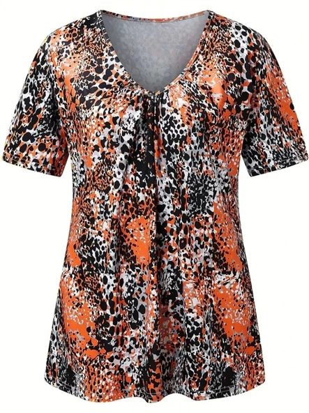 Kadın V Yaka Renkli Leopar Desen Büzgü Detay Süprem Bluz - 4