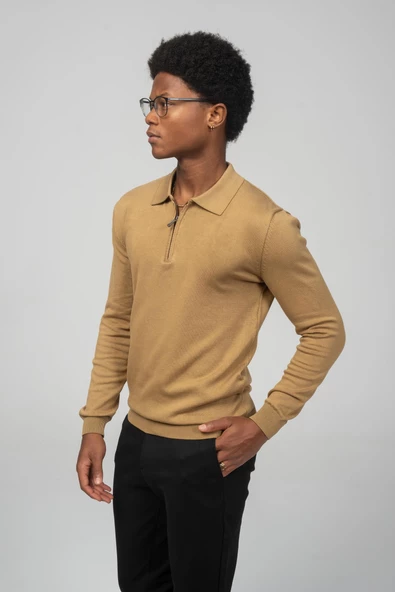 Erkek Polo Yaka Fermuarlı Yumuşak Dokulu Triko Kazak - 12