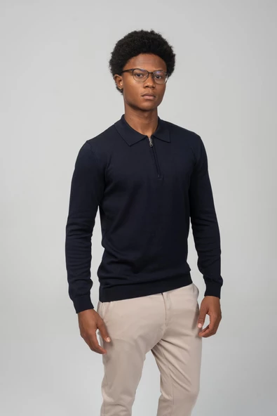 Erkek Polo Yaka Fermuarlı Yumuşak Dokulu Triko Kazak - 8