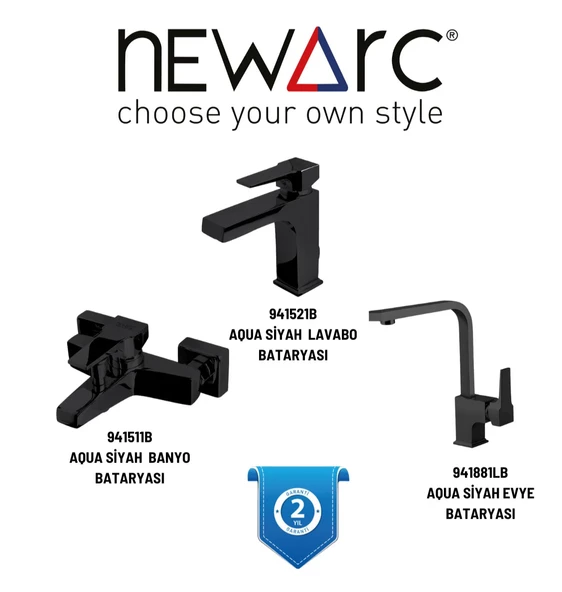 Newarc Aqua Siyah Banyo,Lavabo,Evye Batarya Set