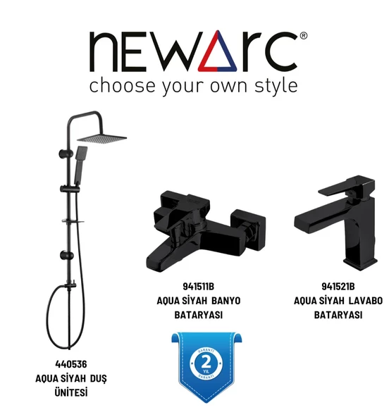 Newarc Aqua Siyah Banyo,Lavabo Bataryası,Duş Ünitesi Set