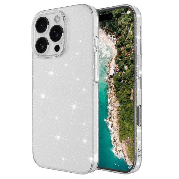 iPhone 16 Pro Max Kılıf Magsafe Şarj Özellikli Parıldayan Simli Şeffaf Redos Kapak - Resim 4