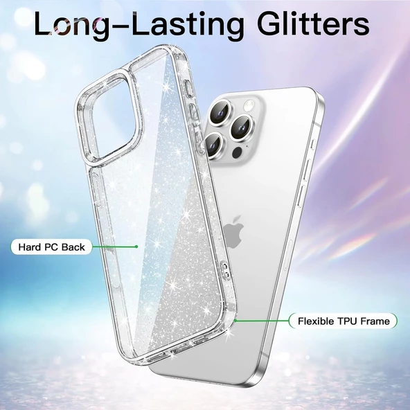 iPhone 16 Pro Max Kılıf Magsafe Şarj Özellikli Parıldayan Simli Şeffaf Redos Kapak - Resim 7