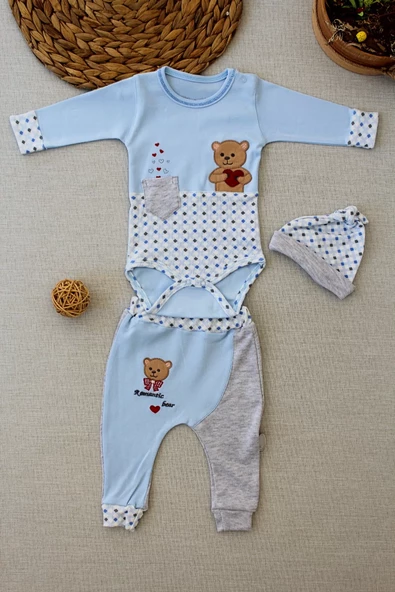 Romantik Aıcık Nakışlı Şapkalı Uzun Kollu Zıbınlı 3lü Kız-erkek Bebek Takımı Mavi