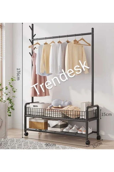 TRENDESK Metal Siyah /Beyaz /Krem 2 Raflı Raflı Konfeksiyon Askılığı  Ayaklı Elbise Askılığı 176cm - 2