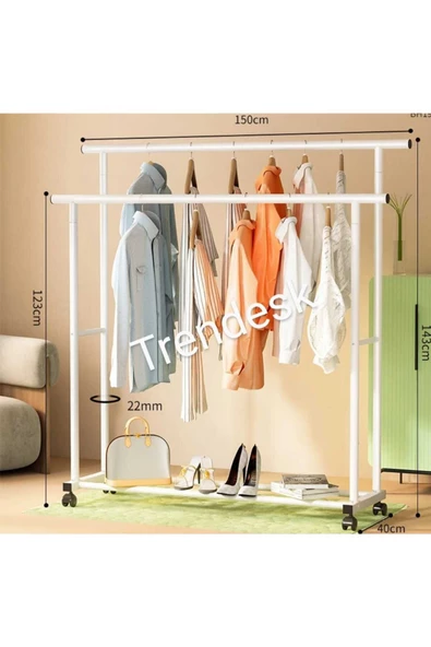 TRENDESK Metal Siyah /Beyaz Elbise Askısı 2 Katlı Tekerlekli Askı Konfeksiyon Askısı ( Eşek Askı ) 143 cm - 3