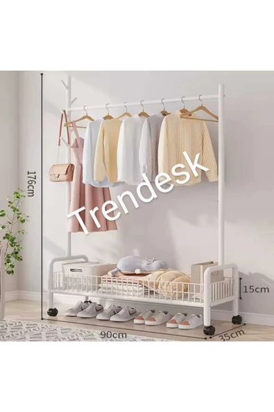 TRENDESK Metal Siyah /Beyaz /Krem 2 Raflı Raflı Konfeksiyon Askılığı  Ayaklı Elbise Askılığı 176cm