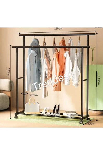 TRENDESK Metal Siyah /Beyaz Elbise Askısı 2 Katlı Tekerlekli Askı Konfeksiyon Askısı ( Eşek Askı ) 143 cm - 2