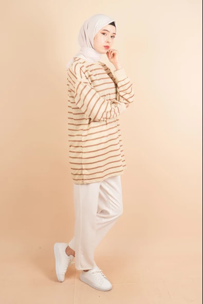 Bayan Uzun Tesettür Tunik Manşet Kol Çizgili Tunik Açık Kahve - 3