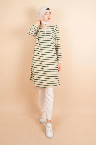 Yarım Fermuarlı Sweat Uzun Tesettür Çizgili Sweat Yeşil