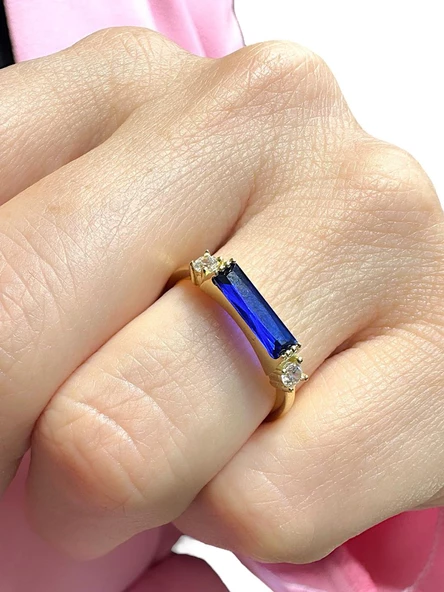 Baget Safir Taş Üst Kalite 14 Ayar Altın Yüzük - Resim 3