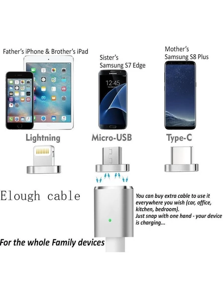 Iphone Lightning Samsung Micro Usb Type C Mıknatıslı Şarj Kablosu - 4