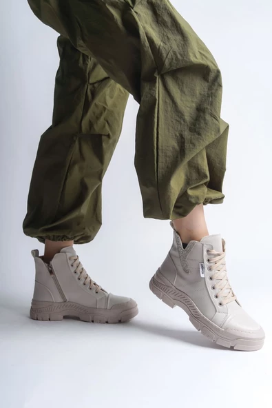 AMBER Bağcıklı Fermuarlı Ortopedik Taban Suya ve Soğuğa Dayanıklı Krem Kadın Spor Bot - 2