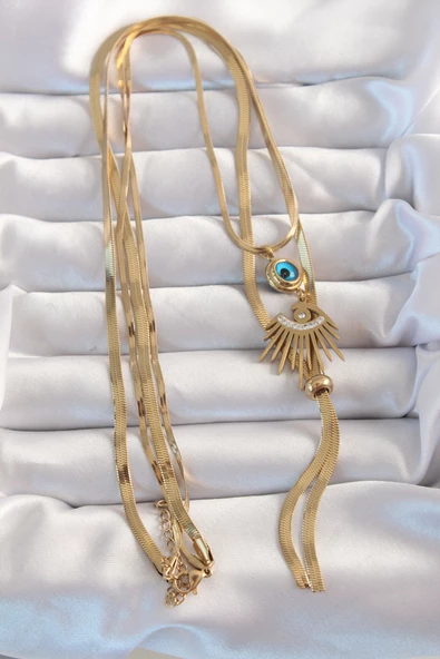 316L Çelik Gold Renk Zirkon Taşlı Göz Detay Nazarlı Uzun Asansör Model Kolye - TJ-BKO8962 - 2