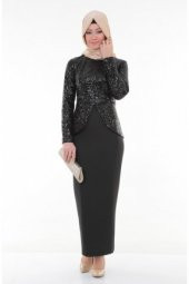 Nidya Moda Tesettür Peplum Pullu Payet Siyah Abiye Ceket Tunik-5010TS - 1