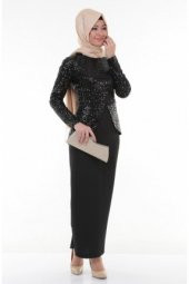 Nidya Moda Tesettür Peplum Pullu Payet Siyah Abiye Ceket Tunik-5010TS - 2