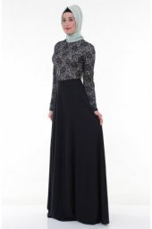 Nidya Moda Tesettür Üst Dantelli Uzun Lacivert Abiye Elbise-4045TL - 1