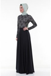 Nidya Moda Tesettür Üst Dantelli Uzun Lacivert Abiye Elbise-4045TL - 2