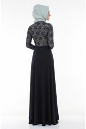 Nidya Moda Tesettür Üst Dantelli Uzun Lacivert Abiye Elbise-4045TL - 4