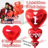 Kalp Balon Ucuz, Folyo 75cm + I love you + Sevgili Kalpli Uçan - 1