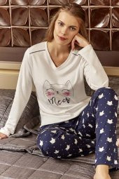 Eros 20604 İnterlok V Yaka Kedili Bayan Pijama Takımı - 1