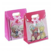 12 Adet 12x16cm Ayıcık Karton Çanta Pembe Kırmızı - 1