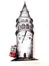 Sallanır Sarkaçlı Galata Kulesi ve Tramvay Dekoratif Duvar Saati - 3