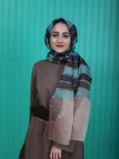 Çizgili Tül Detaylı Şal Pudra Turkuaz - 1