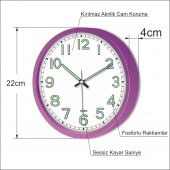 Gece Okunabilen Ultra Mor Kasa 22 cm Sessiz Fosforlu Duvar Saati - 3