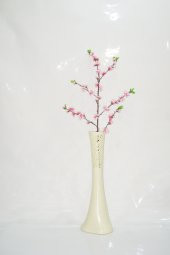 60 cm Krem Rengi İşlemeli Vazo Pembe Bahar Dalı - 1
