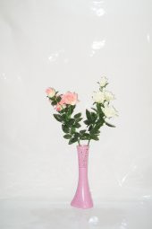 Uzun 4 Pembe 4 Beyaz Gül Çiçek 40 cm Pembe İşlemeli Vazo - 1