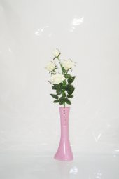 Uzun 4 Beyaz Güllü 40 cm Pembe İşlemeli Desenli Geniş Taban Vazo - 1