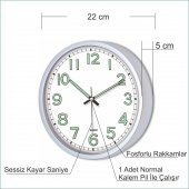 Beyaz Zemin Beyaz Kasa Fosforlu 22 cm Sessiz Çalışan Duvar Saati - 1