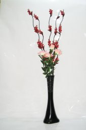 5 Kırmızı Üzüm Dallı 60cm Siyah Desenli Uzun Vazo Pembe Gül - 1
