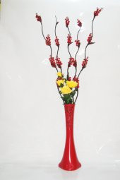 60 cm Desenli Kırmızı Vazo 5 adet Kırmızı Üzüm Çiçek Sarı gül - 1