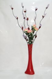 60 cm Desenli Kırmızı Vazo 5 adet Mor Üzüm Pembe Gül - 1