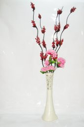 60 cm Desenli Krem Vazo 5 Adet Kırmızı Üzüm Çiçek Pembe Çiçek - 1