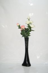 60 cm Desenli Siyah Vazo Pembe Sarı Gül - 1