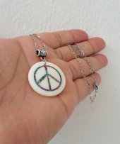 Mercan Turkuaz Kakmalı Kemik Barış Peace Çelik Zincirli Bayan Kolye mçk154 - 4
