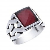 925 Ayar Gümüş Kırmızı Zirkon Taşlı Örgü Model Erkek Yüzük - 1
