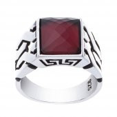 925 Ayar Gümüş Kırmızı Zirkon Taşlı Örgü Model Erkek Yüzük - 2